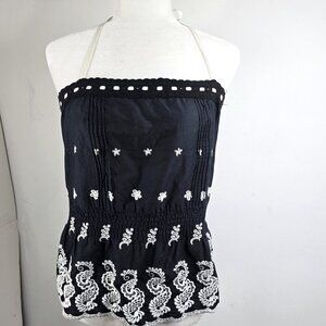 Vintage Y2K 90s Guess Black White Embroidered Smocked Halter Top